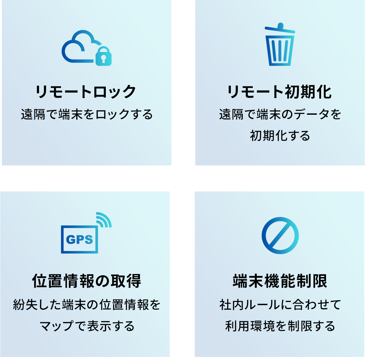 リモートロック・リモート初期化・位置情報の取得・端末機能制限